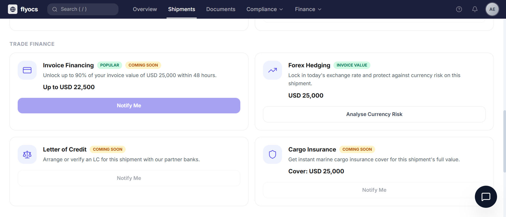 Trade finance — invoice financing, forex hedging, letter of credit, cargo insurance
